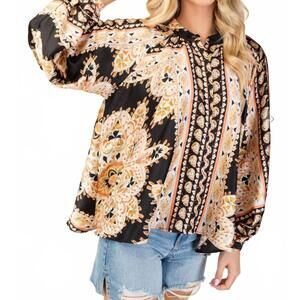 NEW ODDI mirrored scarf print blouse in black multi